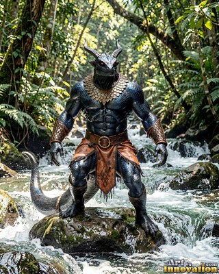 A horned black lizardfolk stands on rocks in a sunlit jungle river