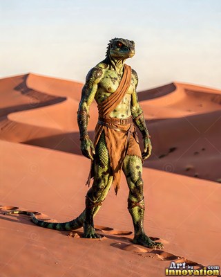 On reddish sand dunes, a green lizard fighter stands wearing brown cloth wraps