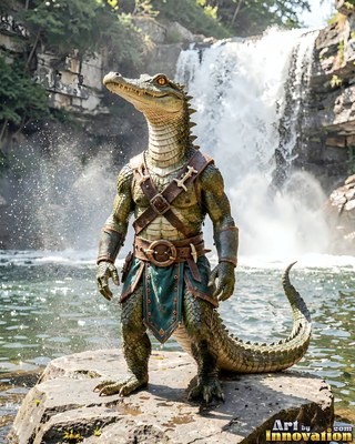 Standing on wet rocks, a green alligator warrior rests near a bright waterfall