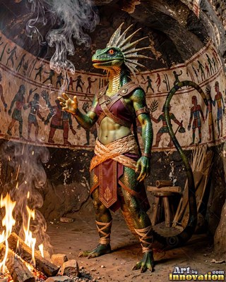 Green lizard soldier standing by a campfire inside a painted cave