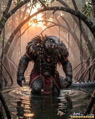 Feathered shoulder armor on a lizardfolk warrior wading through murky shallow swamp water at dawn