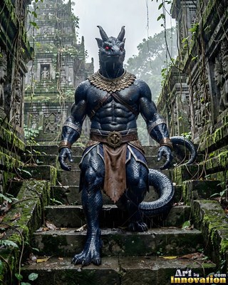 A horned lizard warrior walks down mossy stone steps under pale jungle light