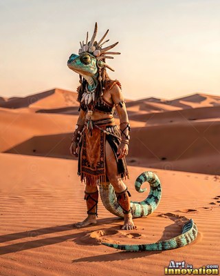 Standing in a vast desert, a lizardfolk warrior has a striped blue tail and headdress
