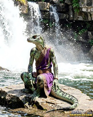 A green lizard person in a purple sash rests on a rock by a waterfall