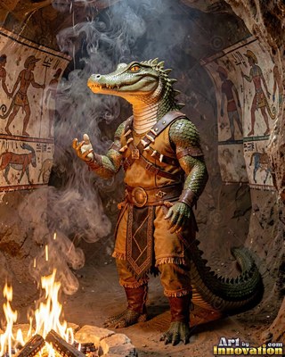 In a stone cave with murals, a green crocodile warrior balances beside a campfire