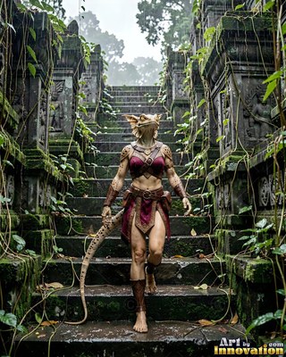 A lizardfolk in maroon armor walks down mossy stone steps