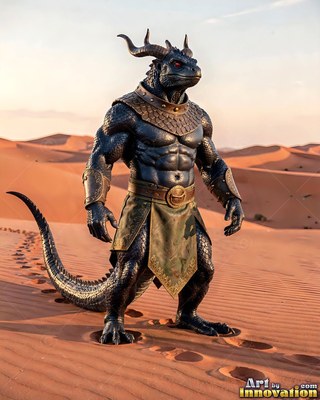 Curved black horns crown a muscular warrior lizard standing on vast desert dunes