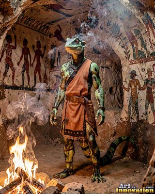 A green lizard warrior waits in a painted cave, lit by warm yellow firelight