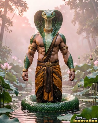 Standing upright in a lotus pond, a green cobra naga rests coiled in shallow water