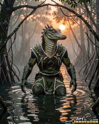 A scaled lizard fighter kneels in swamp water under a warm setting sun
