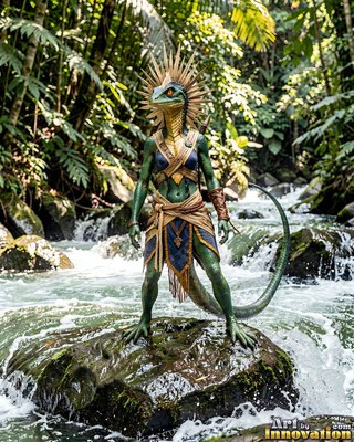 In a sunny jungle river, a green lizard person stands on a wet rock wearing a spiky crown