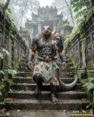 Walking down stone temple steps, an armored warrior lizardfolk wears turquoise beads