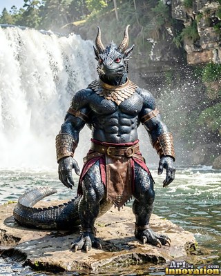 Horned lizard warrior standing on rocks before a waterfall