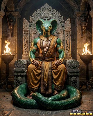 A green cobra hood crowns a snake warrior seated on a stone throne by twin fires