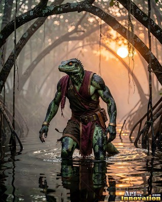 A lizardfolk wades through swamp water beneath a warm orange sunset