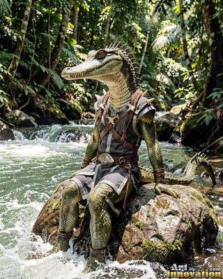 Sitting on a rock in a jungle river, a green warrior lizard rests