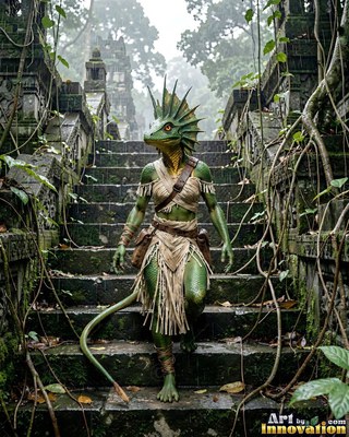 A green lizard person in cloth wraps walks down mossy stone steps in a jungle