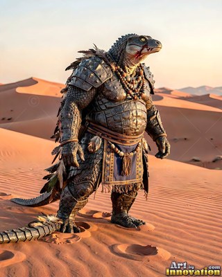 In a red sand desert, an armored lizard warrior stands with a long tail