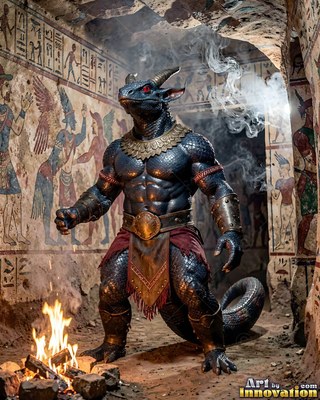 Standing over a small fire, a horned armed lizardfolk pauses in a carved stone tomb