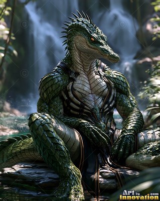 Spiky crest on its head, a green lizardfolk rests on rocks by a waterfall