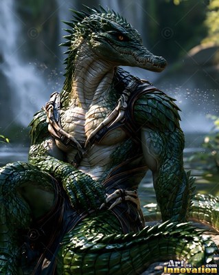 A muscular lizard fighter sits beside a jungle waterfall in soft morning sunlight