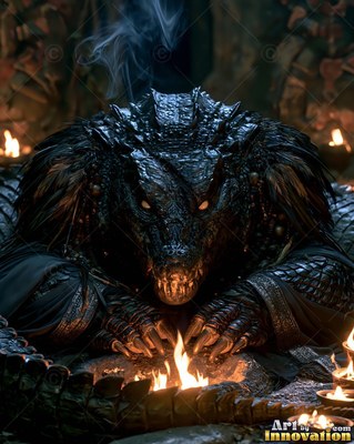 Crouched over a small pit of fire, a dark scaled reptile warms its clawed hands