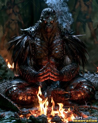 A dark scaled lizardfolk sits cross-legged by a small fire with hands pressed together