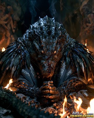 By a dark fire pit, a scaled crocodile warrior rests with clasped claws