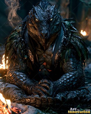 Sitting cross-legged by a campfire, a dark scaled lizard warrior rests with folded hands