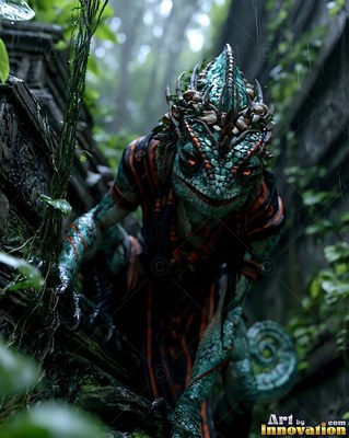 Warrior lizardfolk creeps down wet stone ruins in the rain