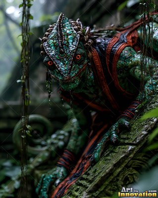 Bright orange eyes stare from a green chameleon warrior crouching on a mossy ruin tree