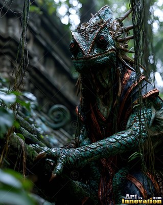 A chameleon lizardfolk crouches among jungle vines under dim green forest light