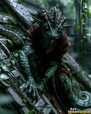 Crouching on stone ruins, a green lizardfolk with orange eyes crawls down vines