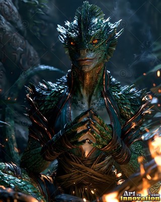 A scaled green lizardfolk sits with clawed hands together near a warm fire