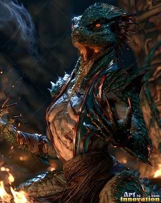 By a fire, a green lizard person warrior raises clawed hands in dark smoke