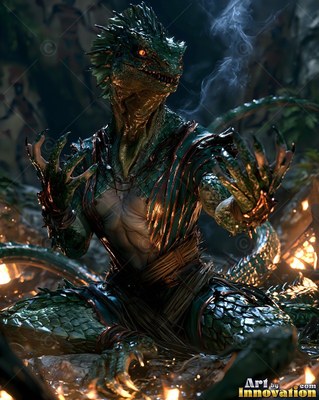 Crouching by fire, a green-scaled lizardfolk raises clawed hands near rising smoke