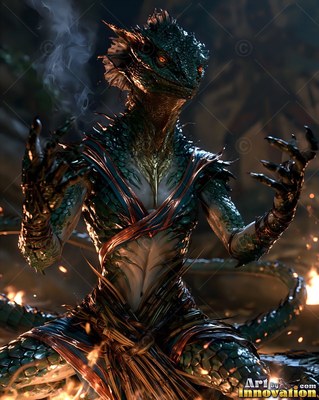 A green scaled lizard creature kneeling near smoke by a fire
