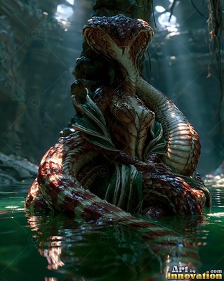 A flared cobra hood crowns a naga coiled between dark roots in murky green murky swamp water