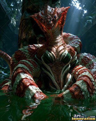 A red-scaled naga rests in dark green water under soft sunlight from above