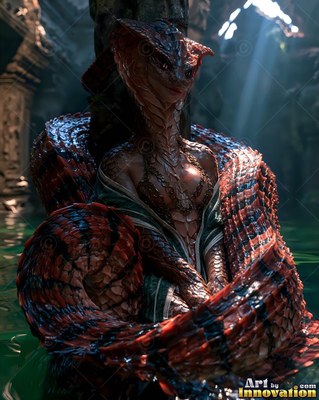 A red-scaled naga rests coiled around a stone pillar in green water under sunbeams