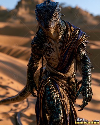 In a sunlit desert, a blue armed lizardfolk walks forward in draped sashes