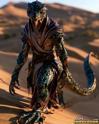 Striding across desert sand dunes, a scaled lizard fighter wears purple and white robes