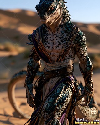 Scaled lizardfolk in purple cloth standing on desert dunes