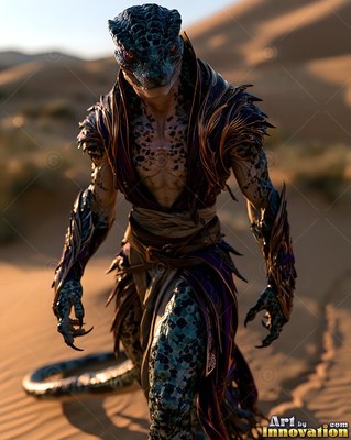 Spiky dark robes wrap around a blue-scaled lizardfolk walking through sandy desert dunes