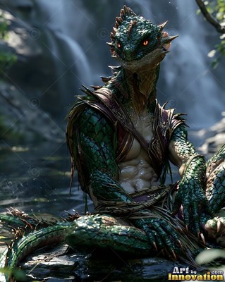 Seated on rocks by a waterfall, a green scaled lizardfolk rests near water