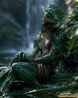 A green lizardfolk sits on rocks by a waterfall in soft forest light