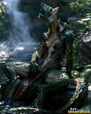By a misty waterfall, a green scaled lizardfolk sits on wet river stones