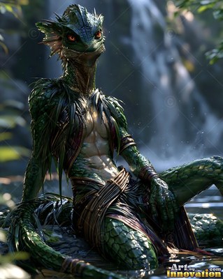 A green-scaled lizardfolk with red eyes reclines in shallow water before a misty waterfall