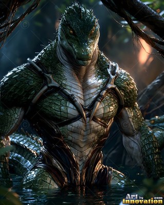 A green lizard soldier stands in dark water of the swamp under patches of warm light