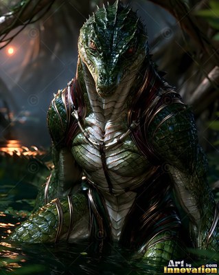 Crouched in shallow dark shallow swamp water, a green warrior lizard faces forward
